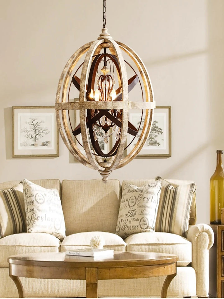 Retro solid wood Hanging Chandelier led in the living room Modern home decor Fixture Round Loft Suspension Crystal lighting