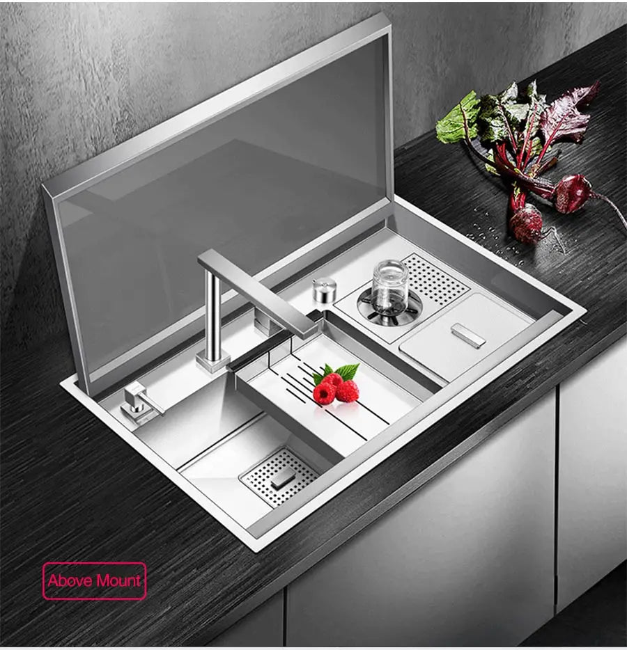 ASRAS Hidden kitchen Sink Single Flip Cover Hidden Large Size 304 Stainless Steel 4mm Thickness Handmade Brushed kitchen Sink