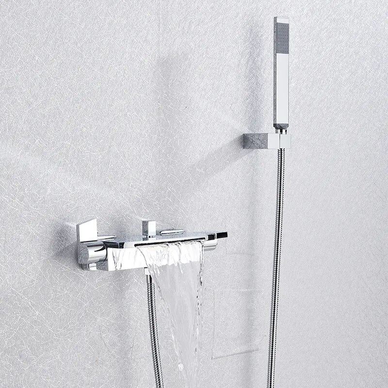 Quyanre Black Waterfall Bathtub Shower Faucets Wall Mount Shower Mixer Tap Faucets Hot Cold Bath Shower Tap BaRobinet Baignoire