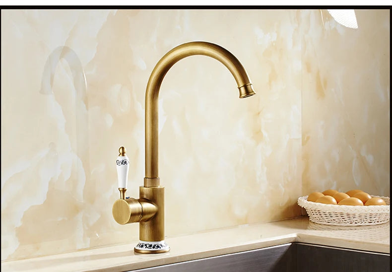 Antique Bronze Kitchen Faucet Ellen Deck Mounted Single Hole Hot Cold Water Mixer Crane for Sink with 360 Rotation
