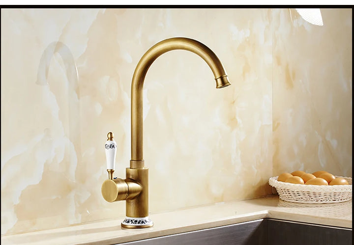 Antique Bronze Kitchen Faucet Ellen Deck Mounted Single Hole Hot Cold Water Mixer Crane for Sink with 360 Rotation