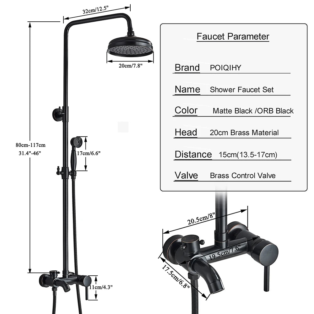 POIQIHY ORB Black Bathroom Shower Faucet In Wall 8" Rainfall Brass Shower Set Mixer Tap Tub Spout Bath Shower Set Dual Handles
