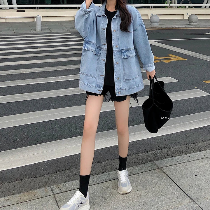 2 colors Women's casual Jean Coats 2023 autumn Women loose Denim Jacket Long Sleeve Loose Female Girls Outwear Oversize (78228)