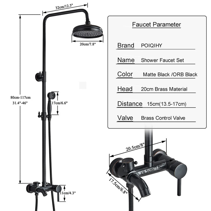 POIQIHY ORB Black Bathroom Shower Faucet In Wall 8" Rainfall Brass Shower Set Mixer Tap Tub Spout Bath Shower Set Dual Handles