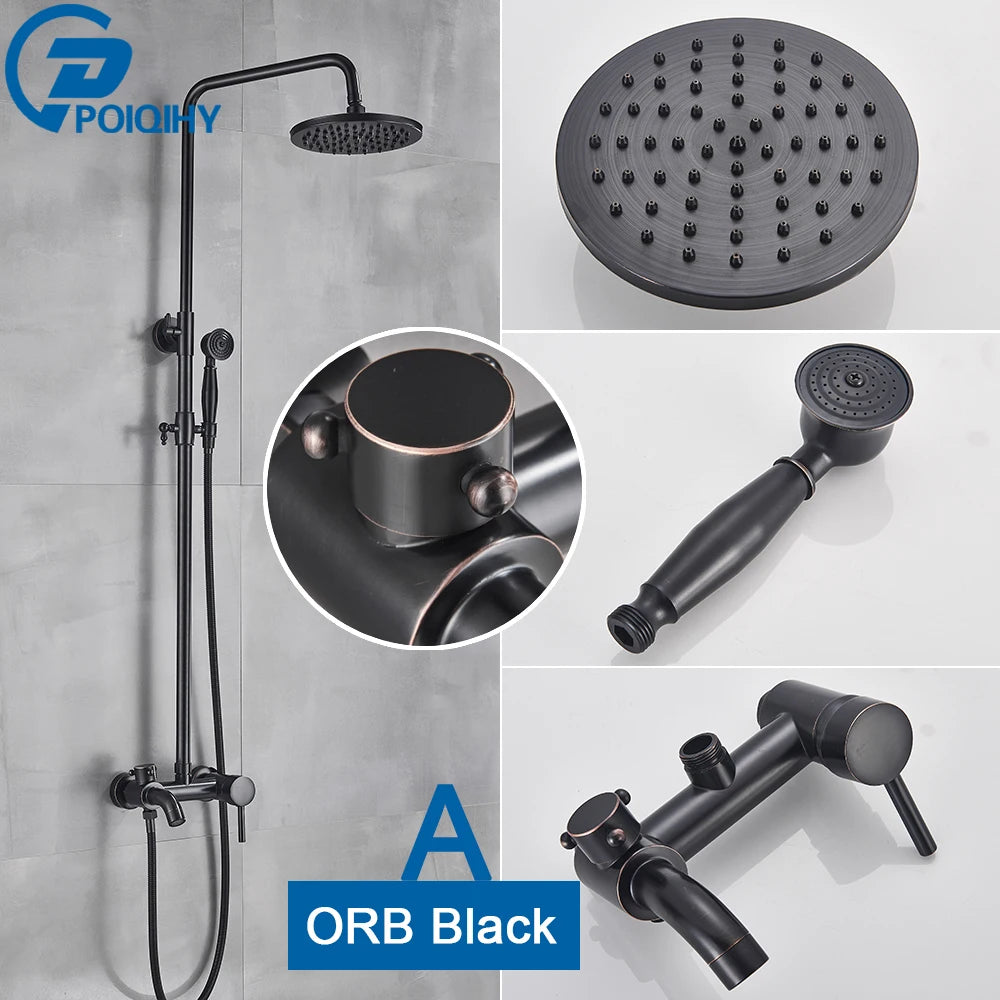 POIQIHY ORB Black Bathroom Shower Faucet In Wall 8" Rainfall Brass Shower Set Mixer Tap Tub Spout Bath Shower Set Dual Handles