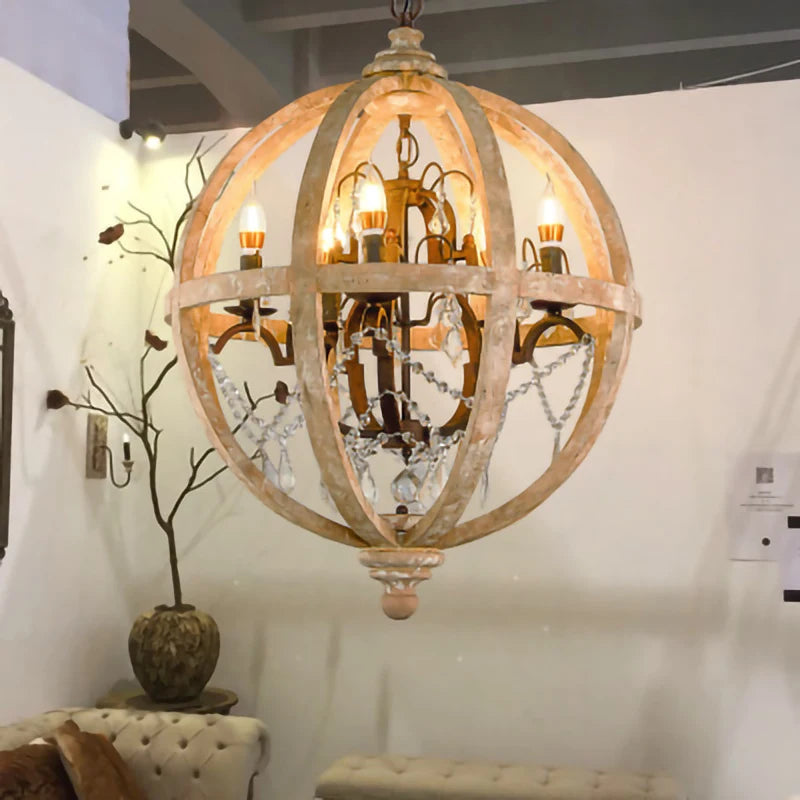 Retro solid wood Hanging Chandelier led in the living room Modern home decor Fixture Round Loft Suspension Crystal lighting