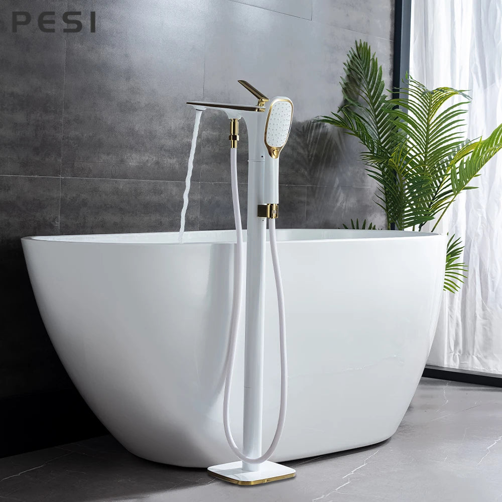 White and Gold Floor Mounted Bathtub Faucet Freestanding Tub Mixer Crane with Handshower Floor Mounted Claw Foot.