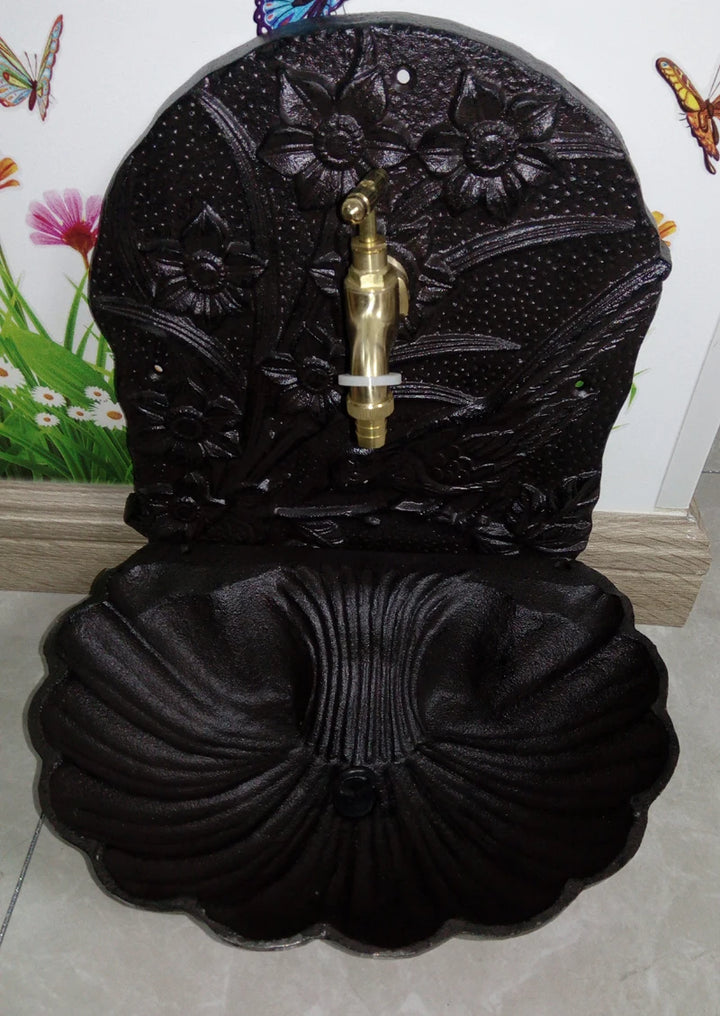 Rustic Cast Iron Wall Mounted Hand Sink With Birds On Flower Branch Metal Wash Basin Stand