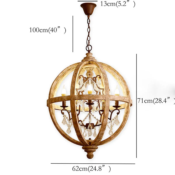 Retro solid wood Hanging Chandelier led in the living room Modern home decor Fixture Round Loft Suspension Crystal lighting