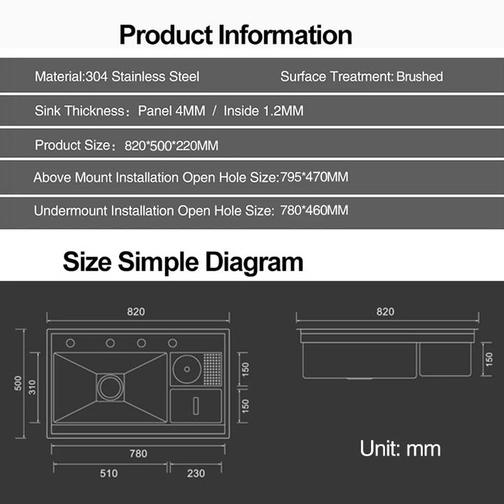 ASRAS Hidden kitchen Sink Single Flip Cover Hidden Large Size 304 Stainless Steel 4mm Thickness Handmade Brushed kitchen Sink