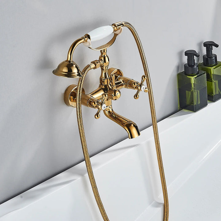 POIQIHY Golden Black Bathtub Shower Faucets Bathroom Wall Bath Shower Set Brass Mixer Tap Swivel Tub Spout Bath Shower Mixers