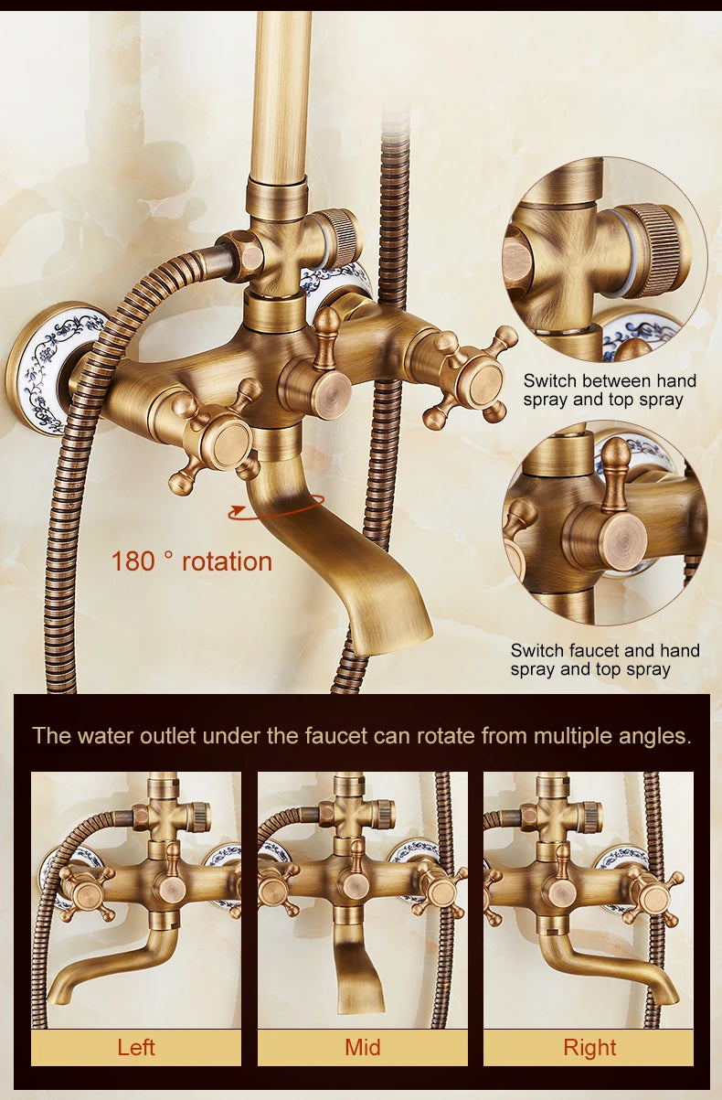 Antique Rain Shower Faucets Set with Hand Brass Wall Mounted Shower Mixer for Bathroom Bath Luxury Rainfall Shower Set EL4006T