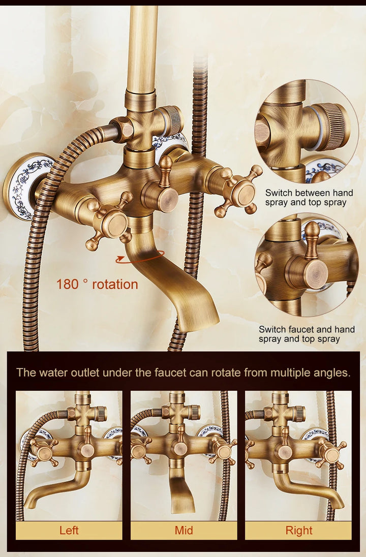Antique Rain Shower Faucets Set with Hand Brass Wall Mounted Shower Mixer for Bathroom Bath Luxury Rainfall Shower Set EL4006T