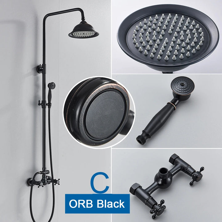 POIQIHY ORB Black Bathroom Shower Faucet In Wall 8" Rainfall Brass Shower Set Mixer Tap Tub Spout Bath Shower Set Dual Handles