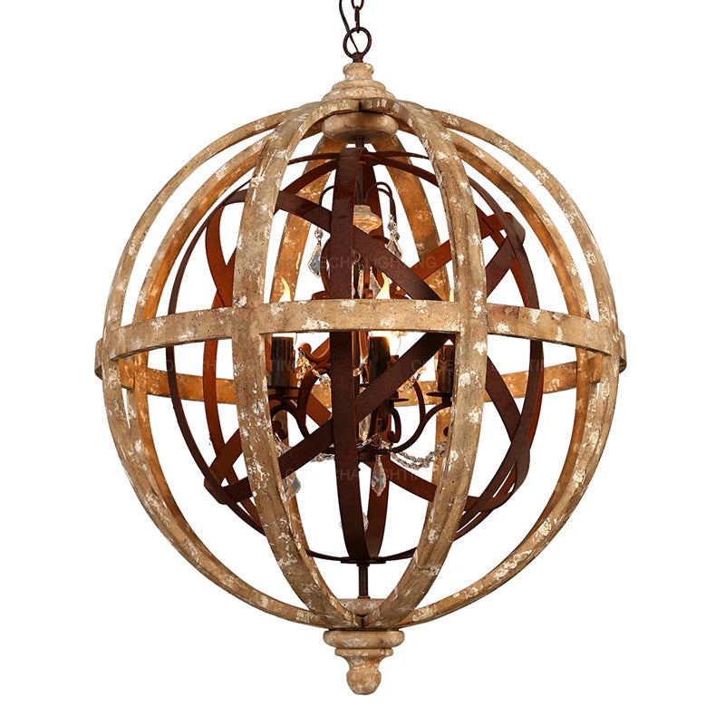 Globe Wood Chandelier Bedroom Living Room Hanging Lights Antique Round Sphere Wooden Chandelier