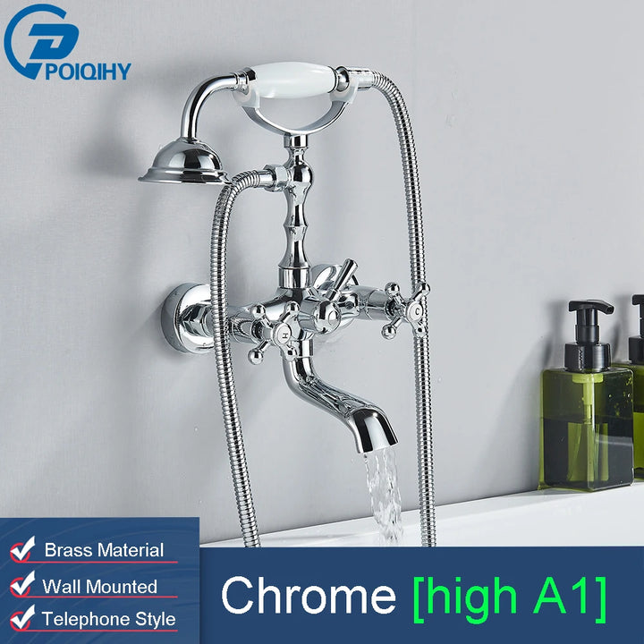 POIQIHY Golden Black Bathtub Shower Faucets Bathroom Wall Bath Shower Set Brass Mixer Tap Swivel Tub Spout Bath Shower Mixers