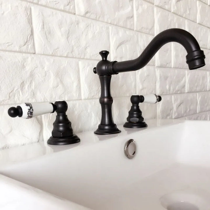 Black Oil Rubbed Bronze Double Handles 3 Holes Install Widespread Deck Mounted Bathroom Sink Basin Faucet Sink Mixer Tap mhg067