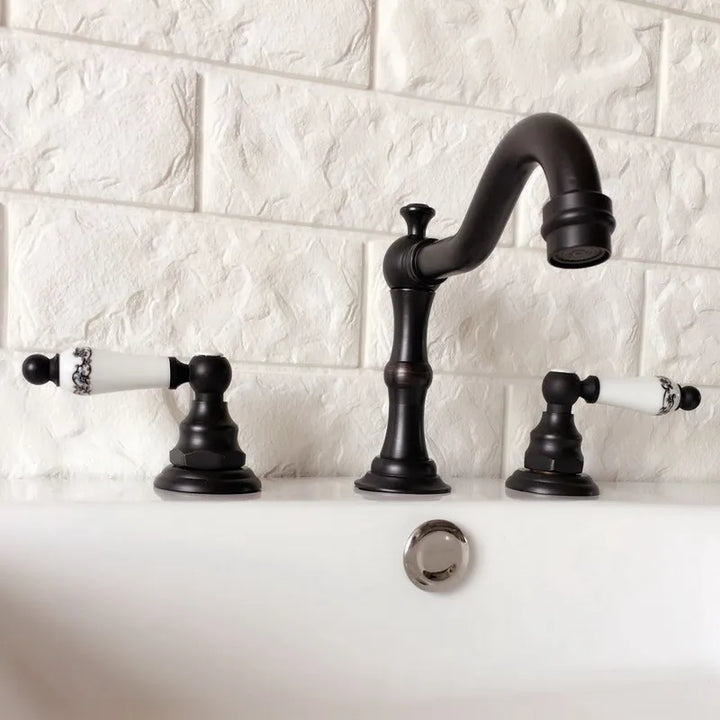 Black Oil Rubbed Bronze Double Handles 3 Holes Install Widespread Deck Mounted Bathroom Sink Basin Faucet Sink Mixer Tap mhg067