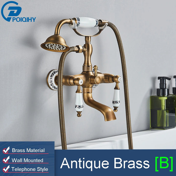 POIQIHY Golden Black Bathtub Shower Faucets Bathroom Wall Bath Shower Set Brass Mixer Tap Swivel Tub Spout Bath Shower Mixers