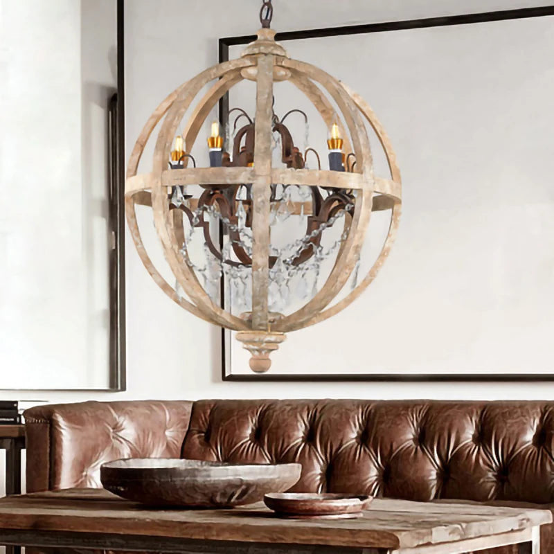 Retro solid wood Hanging Chandelier led in the living room Modern home decor Fixture Round Loft Suspension Crystal lighting