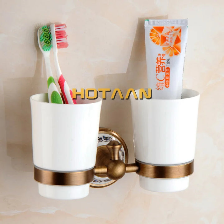 Antique Brushed Solid Brass Bathroom Accessories Sets European Porcelain Bathroom Hardware Sets Ceramic Retro Bathroom Products