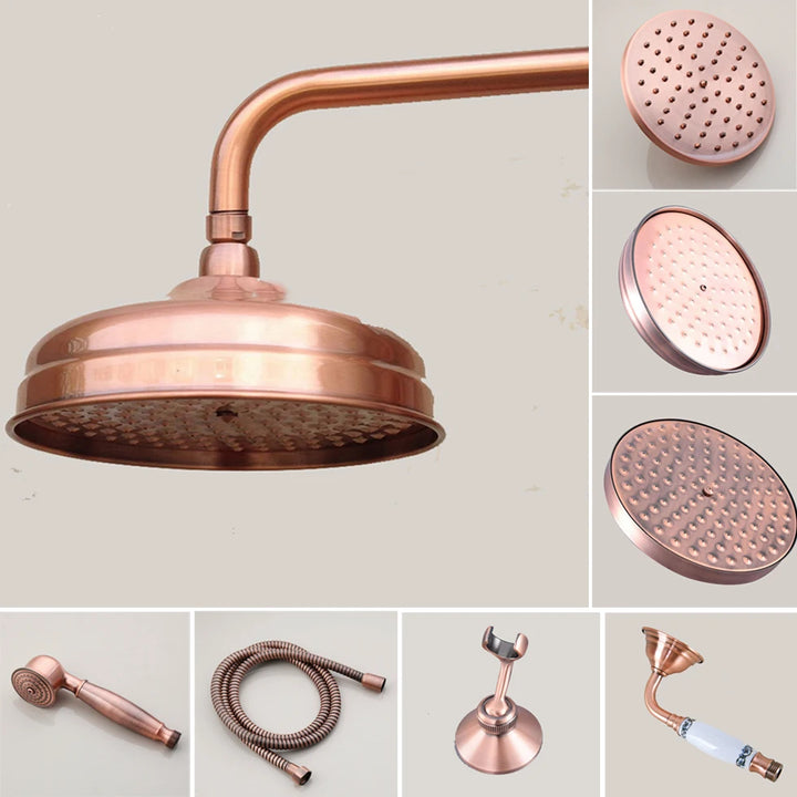 Antique Red Copper 8 inch Round Rainfall Shower Head & Hand Shower Head 1.5 Shower Hose Brass Handshower Bracket Wall Shower Arm