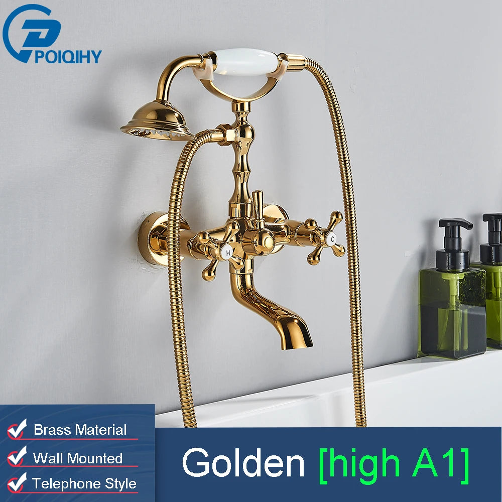POIQIHY Golden Black Bathtub Shower Faucets Bathroom Wall Bath Shower Set Brass Mixer Tap Swivel Tub Spout Bath Shower Mixers