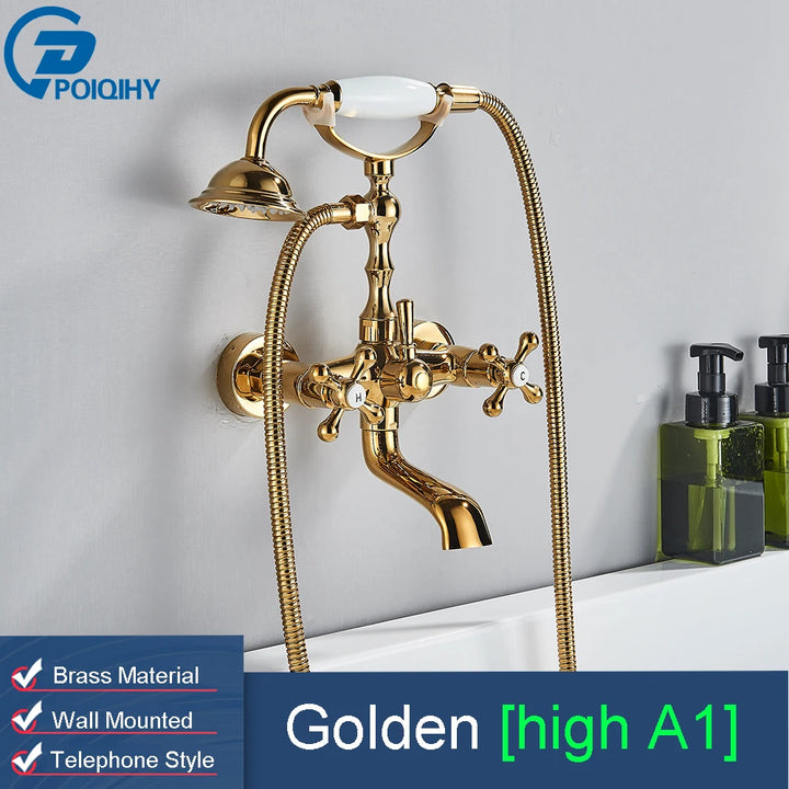 POIQIHY Golden Black Bathtub Shower Faucets Bathroom Wall Bath Shower Set Brass Mixer Tap Swivel Tub Spout Bath Shower Mixers