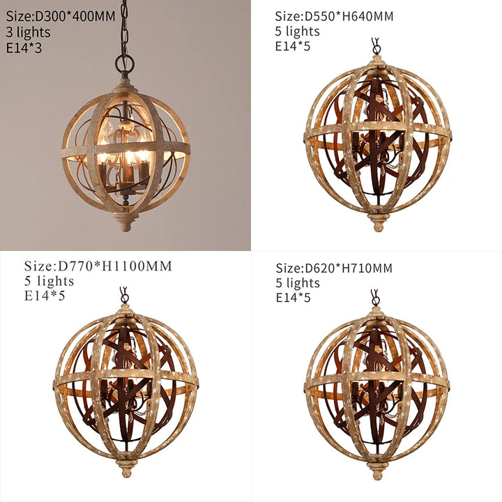 Globe Wood Chandelier Bedroom Living Room Hanging Lights Antique Round Sphere Wooden Chandelier