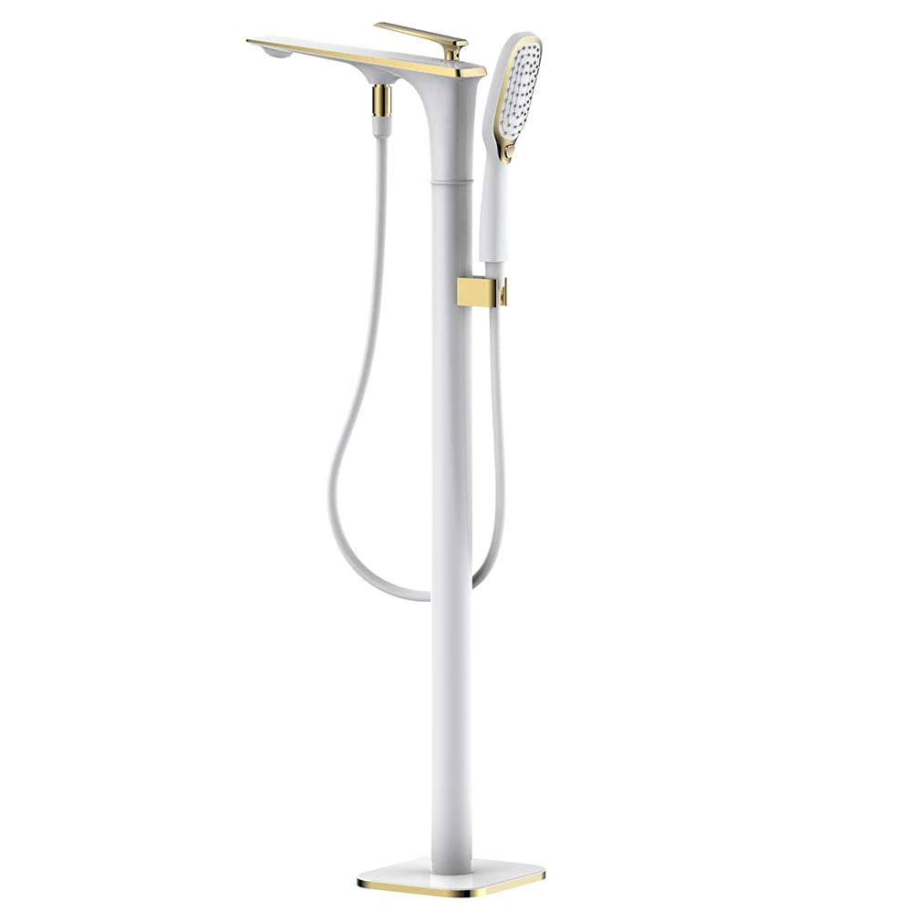 White and Gold Floor Mounted Bathtub Faucet Freestanding Tub Mixer Crane with Handshower Floor Mounted Claw Foot.