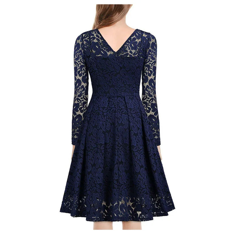 LSYCDS Elegant Sexy Dress for Women Vintage Lace Long Sleeve V Neck