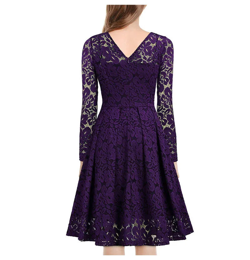 LSYCDS Elegant Sexy Dress for Women Vintage Lace Long Sleeve V Neck