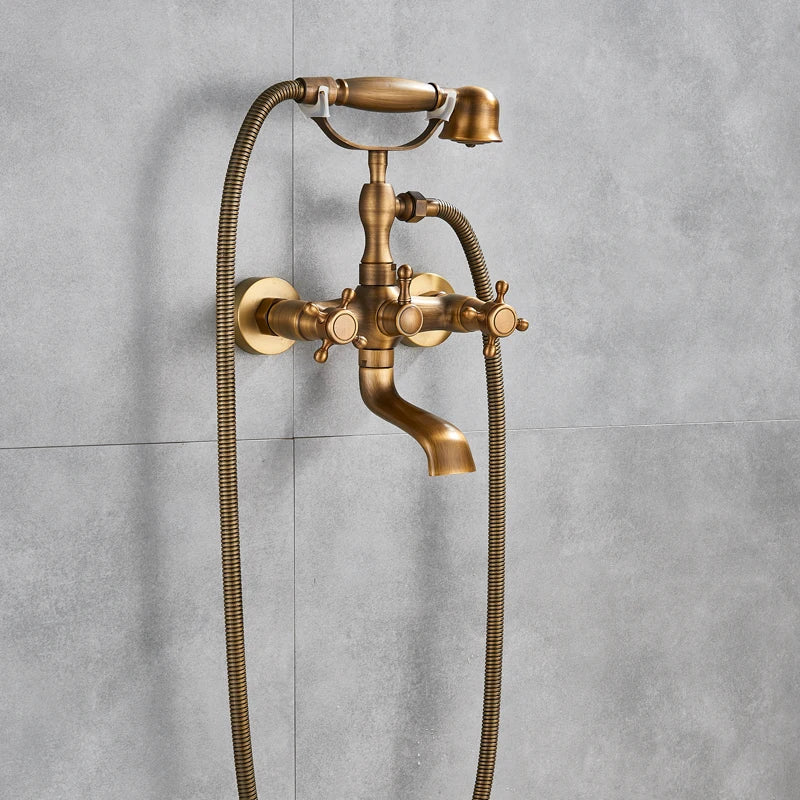 Rozin Retro Style Brass Bathtub Shower Faucet Set Dual Knobs Wall Mounted Bathtub Mixer with Handshower and Swivel Tub Spout Tap