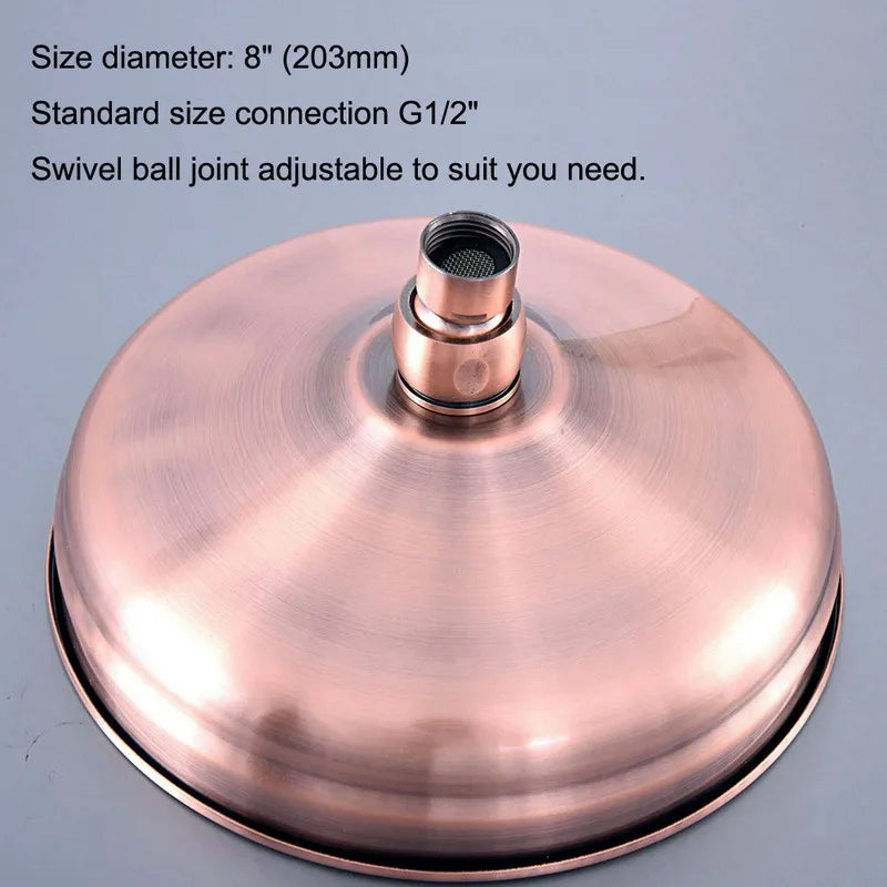 Antique Red Copper 8Inch Round Rainfall Shower Head Shower Arm Water Saving Hand Held Shower Head Spray 1.5 M Shower Hose