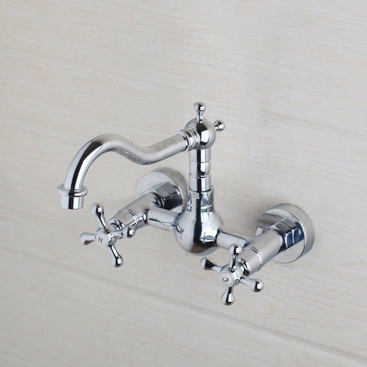 KEMAIDI Antique Brass Bathroom Basin Sink Faucet Tap Dual Handles Wall Mounted Hot Cold Water Mixer Tap 360 Swivel Spout Faucets