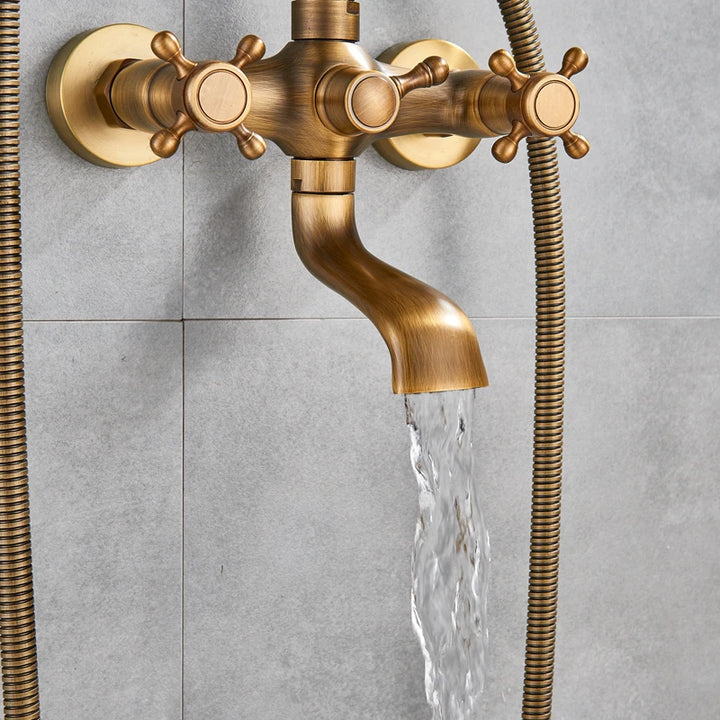 Rozin Retro Style Brass Bathtub Shower Faucet Set Dual Knobs Wall Mounted Bathtub Mixer with Handshower and Swivel Tub Spout Tap