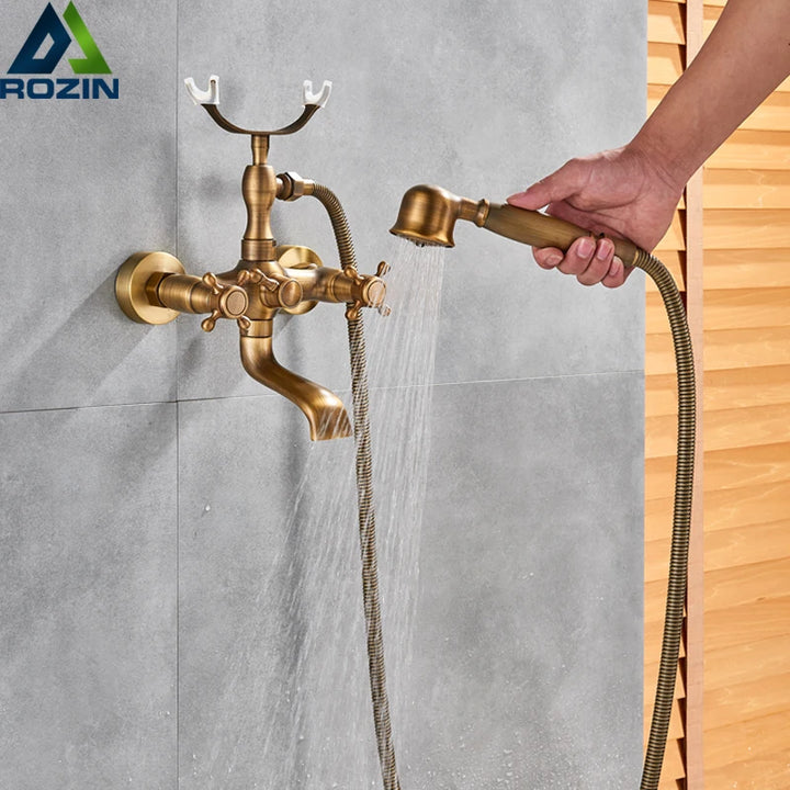 Rozin Retro Style Brass Bathtub Shower Faucet Set Dual Knobs Wall Mounted Bathtub Mixer with Handshower and Swivel Tub Spout Tap