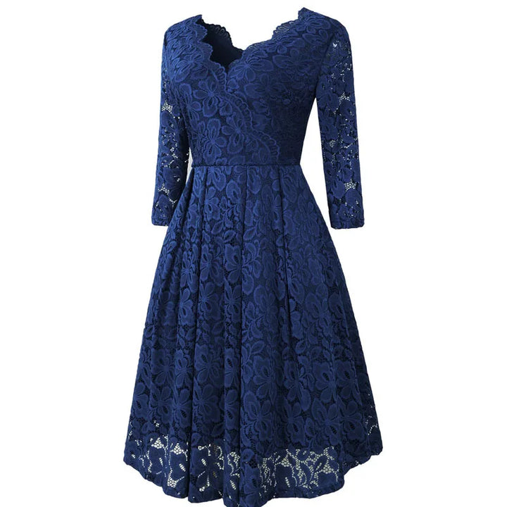 LSYCDS Elegant Sexy Dress for Women Vintage Lace Long Sleeve V Neck