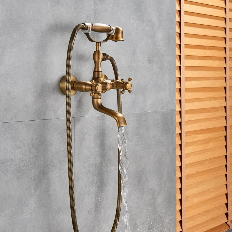 Rozin Retro Style Brass Bathtub Shower Faucet Set Dual Knobs Wall Mounted Bathtub Mixer with Handshower and Swivel Tub Spout Tap