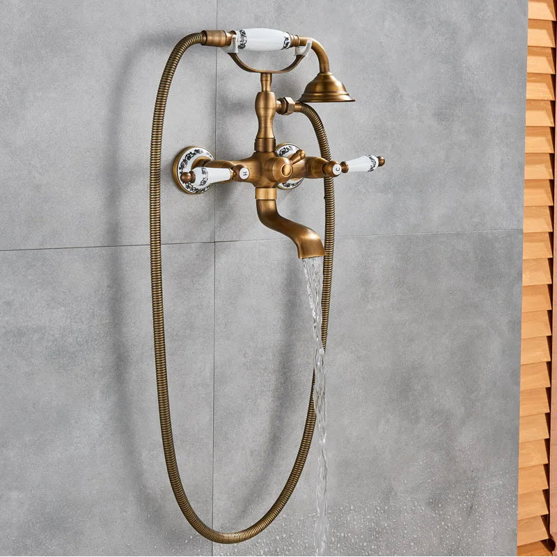 Rozin Retro Style Brass Bathtub Shower Faucet Set Dual Knobs Wall Mounted Bathtub Mixer with Handshower and Swivel Tub Spout Tap