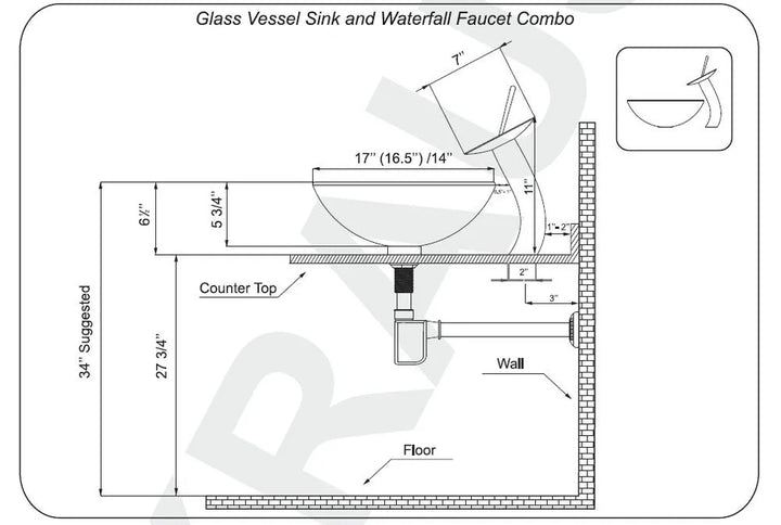 Monite Round Tempered Glass Bathroom Washbasin Sinks Countertop Transparent Glass Sink W/ Chrome Brass Waterfall Faucet Set