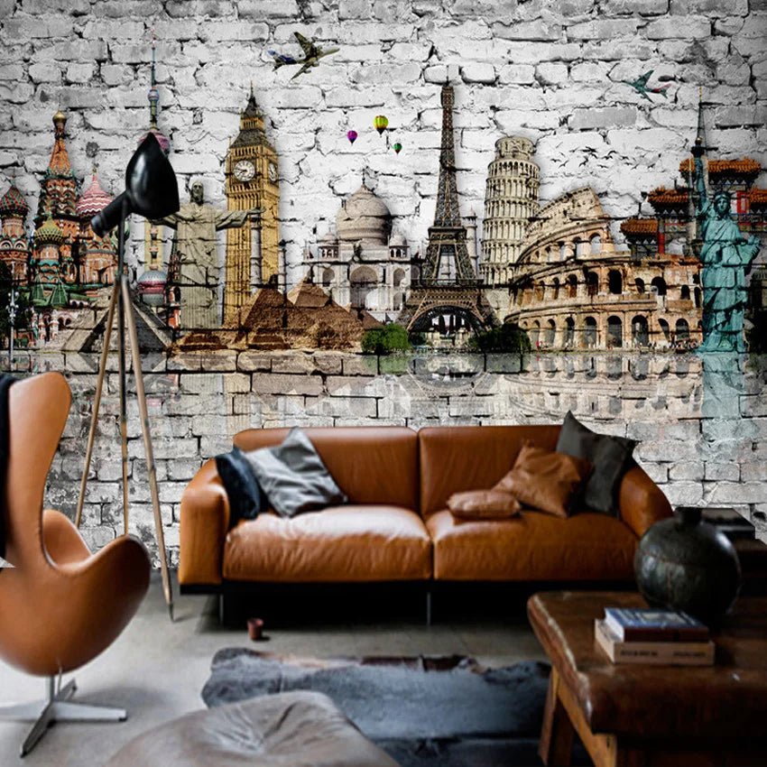 Custom 3D Mural Wallpaper Roll Classic European Architecture Eiffel Tower, Big Ben, Statue of Liberty Brick Wall Paper Murals 3D