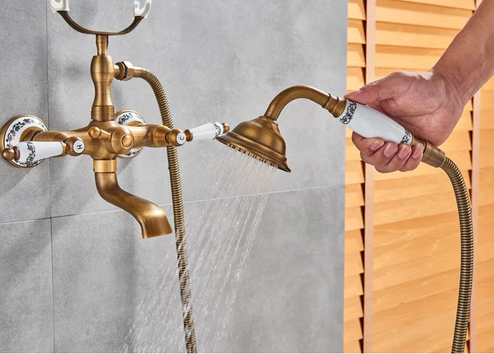 Rozin Retro Style Brass Bathtub Shower Faucet Set Dual Knobs Wall Mounted Bathtub Mixer with Handshower and Swivel Tub Spout Tap
