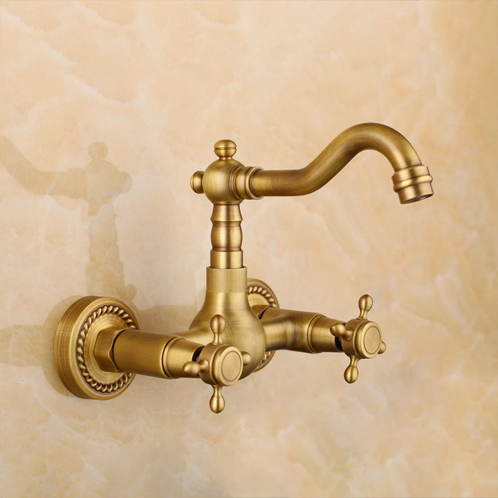 KEMAIDI Antique Brass Bathroom Basin Sink Faucet Tap Dual Handles Wall Mounted Hot Cold Water Mixer Tap 360 Swivel Spout Faucets