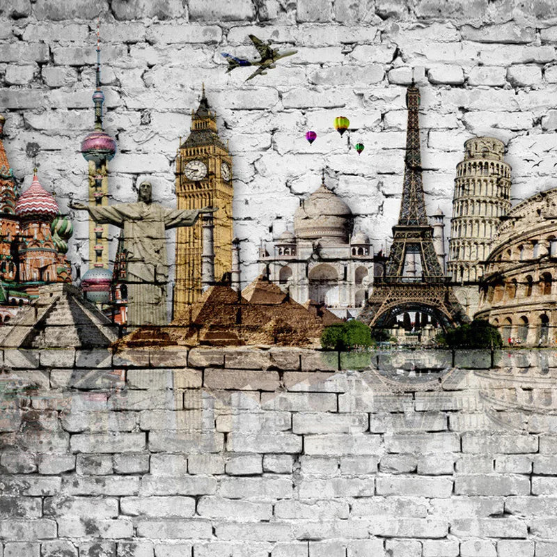 Custom 3D Mural Wallpaper Roll Classic European Architecture Eiffel Tower, Big Ben, Statue of Liberty Brick Wall Paper Murals 3D