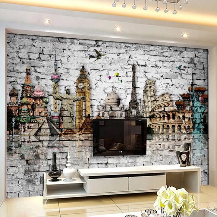 Custom 3D Mural Wallpaper Roll Classic European Architecture Eiffel Tower, Big Ben, Statue of Liberty Brick Wall Paper Murals 3D