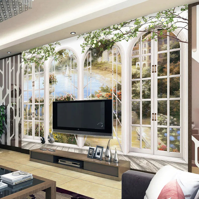 Custom 3D Stereo Window Views Garden Pool Photo Wallpaper Landscape Wall Decor Embossed Paper Wallpaper