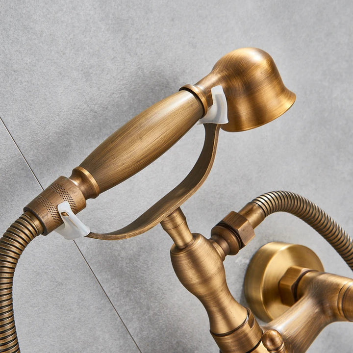 Rozin Retro Style Brass Bathtub Shower Faucet Set Dual Knobs Wall Mounted Bathtub Mixer with Handshower and Swivel Tub Spout Tap