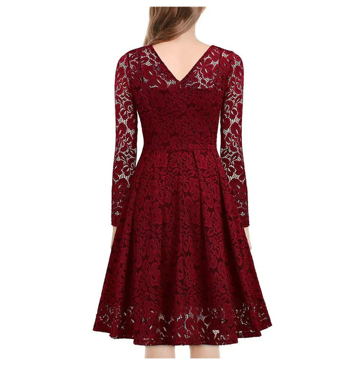 LSYCDS Elegant Sexy Dress for Women Vintage Lace Long Sleeve V Neck