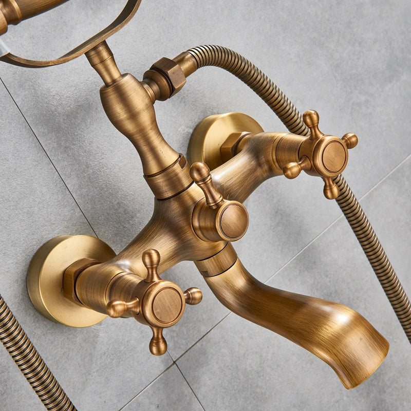 Rozin Retro Style Brass Bathtub Shower Faucet Set Dual Knobs Wall Mounted Bathtub Mixer with Handshower and Swivel Tub Spout Tap